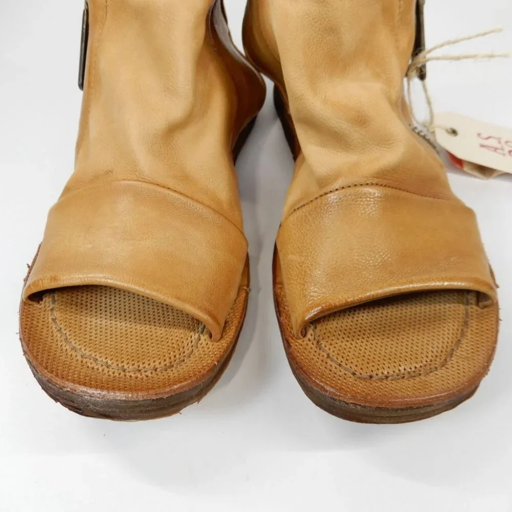 A.S.98 Ritchie Flat Sandals Peep Toe Bootie EU 36 5.5 6 Camel Leather Zipper NEW - Picture 4 of 12